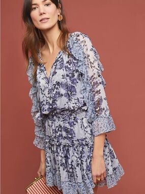 Misa Los Angeles Blue and Navy Floral Ruffle Mini Dress